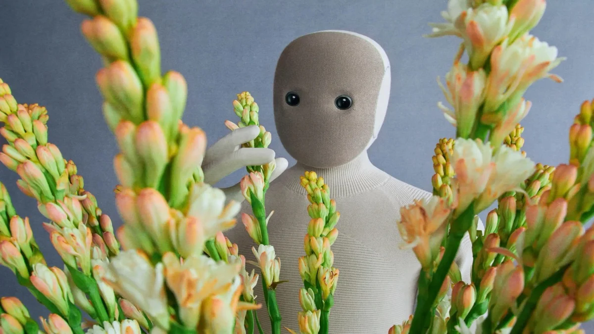 1X NEO robot gently handling delicate flower stems using its 25-DoF dexterous hand