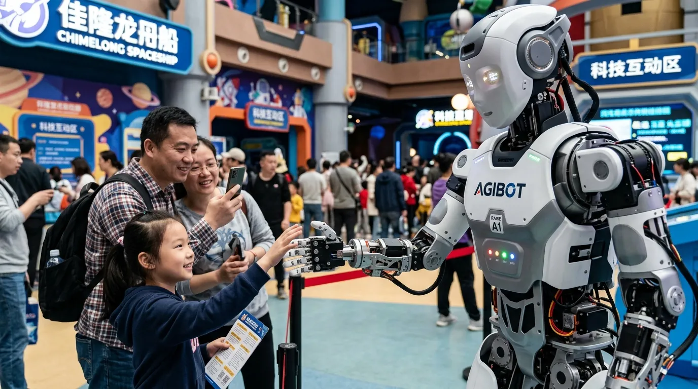 Primer plano del robot humanoide Agibot interactuando con visitantes en el parque Chimelong Spaceship