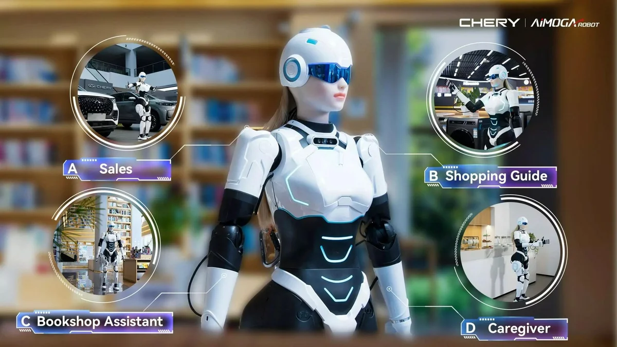 Robot humanoide Chery AiMOGA Mornine mostrando sus cuatro aplicaciones comerciales en concesionarios, comercios, librerías y salud