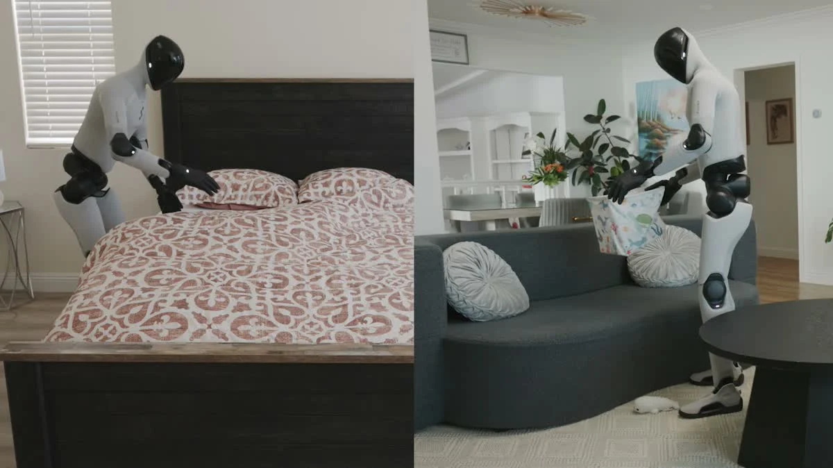 Figure humanoid robot adjusting bed comforter and pillows autonomously