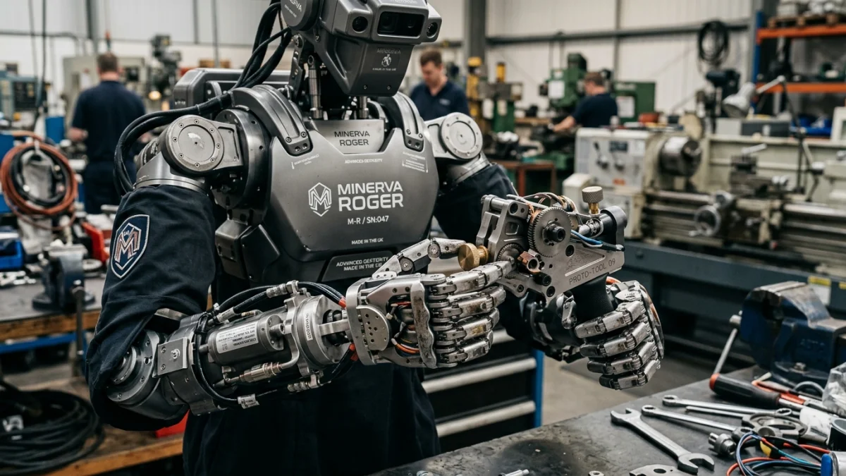 Gros plan sur les mains articulées du robot Minerva Roger manipulant un outil industriel