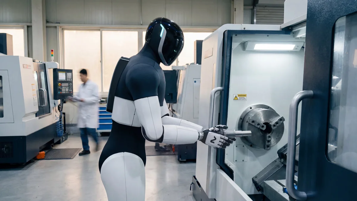 Robot humanoide NEURA 4NE1 cargando un eje en el plato de un torno industrial