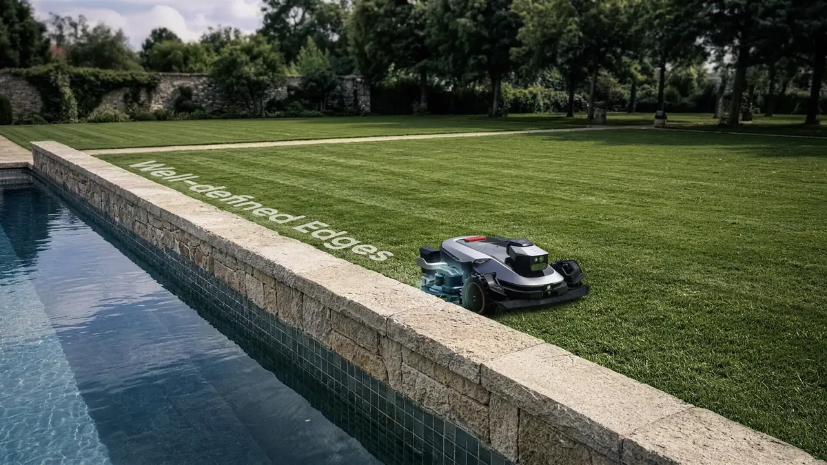 Sunseeker X8 Plus cortando hierba al ras de un bordillo de piscina de piedra con EdgeZero 2.0