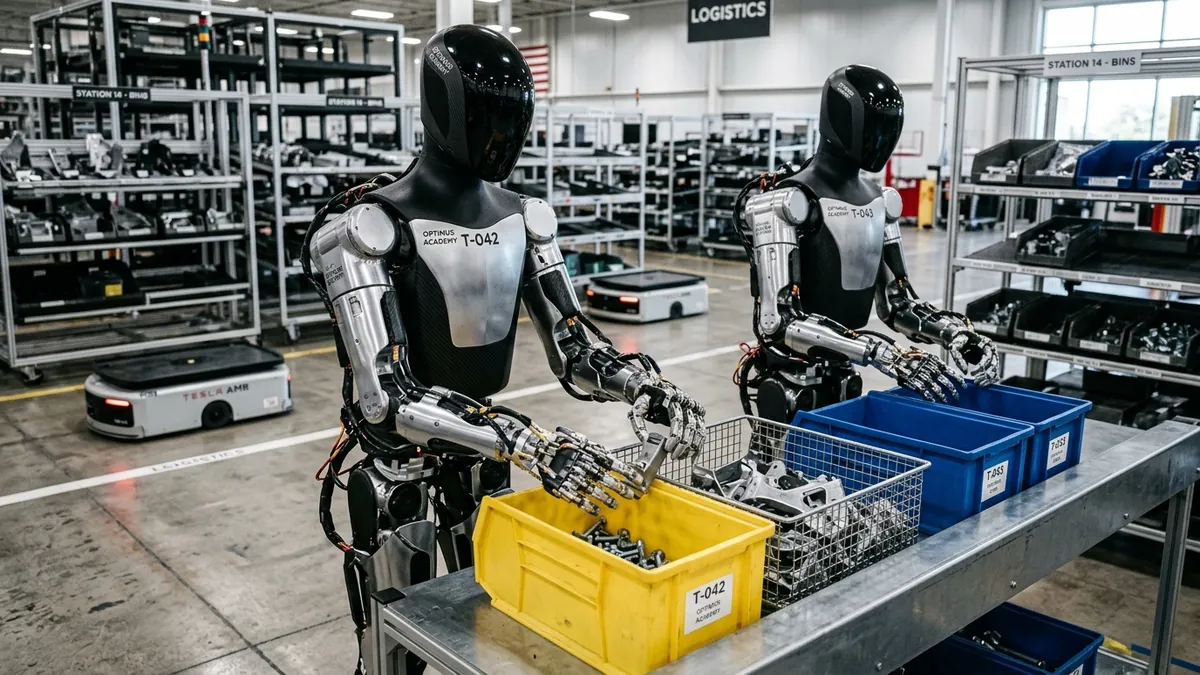 Robots humanoides Tesla Optimus en la Optimus Academy realizando clasificación autónoma de componentes en fábrica
