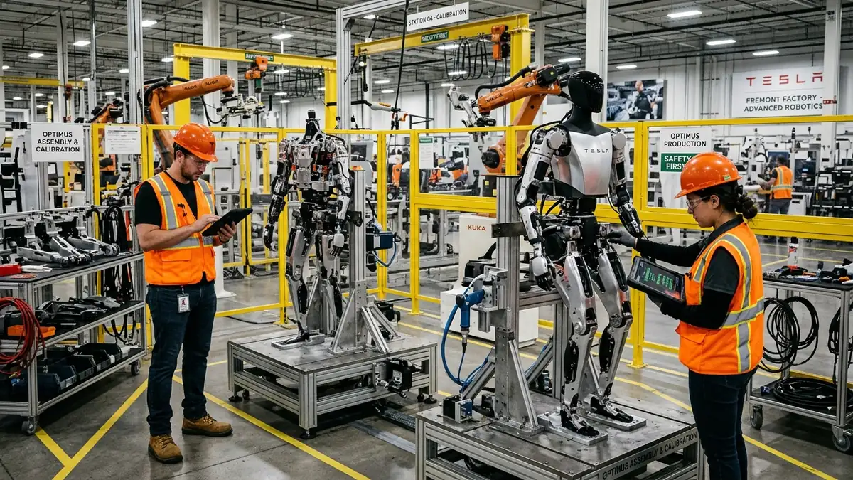 Puestos de trabajo en la línea de montaje dedicada a Tesla Optimus en la fábrica de Fremont