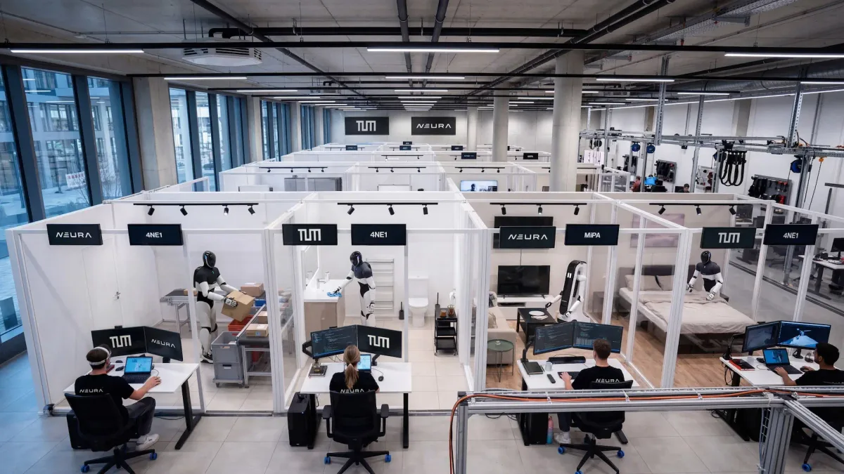 TUM RoboGym powered by NEURA at Munich Airport LabCampus showing 48 training cubicles with 4NE1 humanoids and human teleoperators