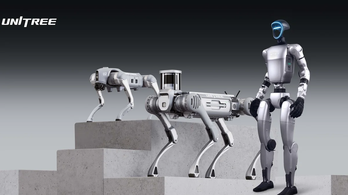 Unitree G1 humanoid robot standing next to Unitree Go2 robot dogs