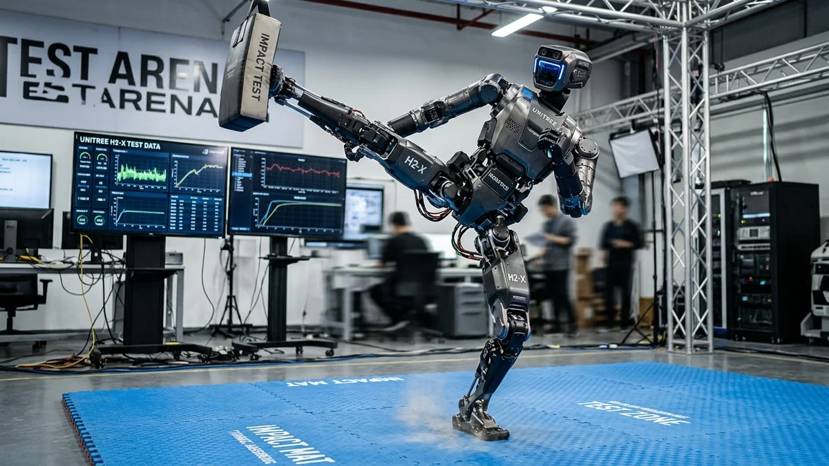 Unitree H2-X humanoid robot executing a high dynamic impact kick in an industrial test arena