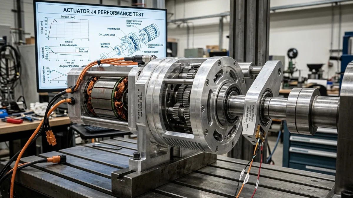 Precision engineering test bench measuring torque loads and shear stresses on high-torque humanoid robot rotary actuators
