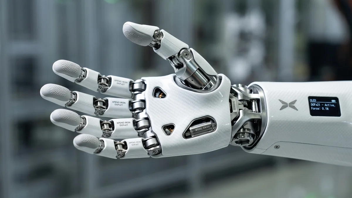 Fotografía en primer plano de la mano biónica con 21 GDL del robot humanoide XPENG IRON con sensores táctiles y telemetría